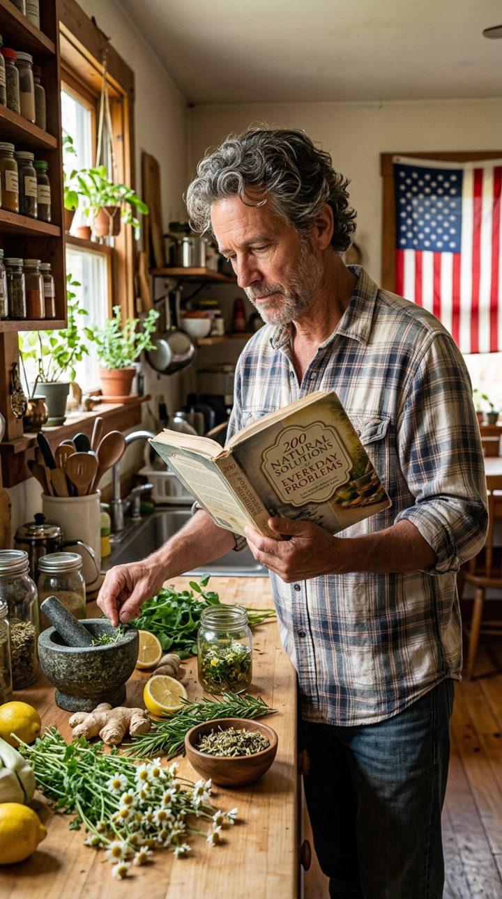 A reader browsing the book beside fresh herbs